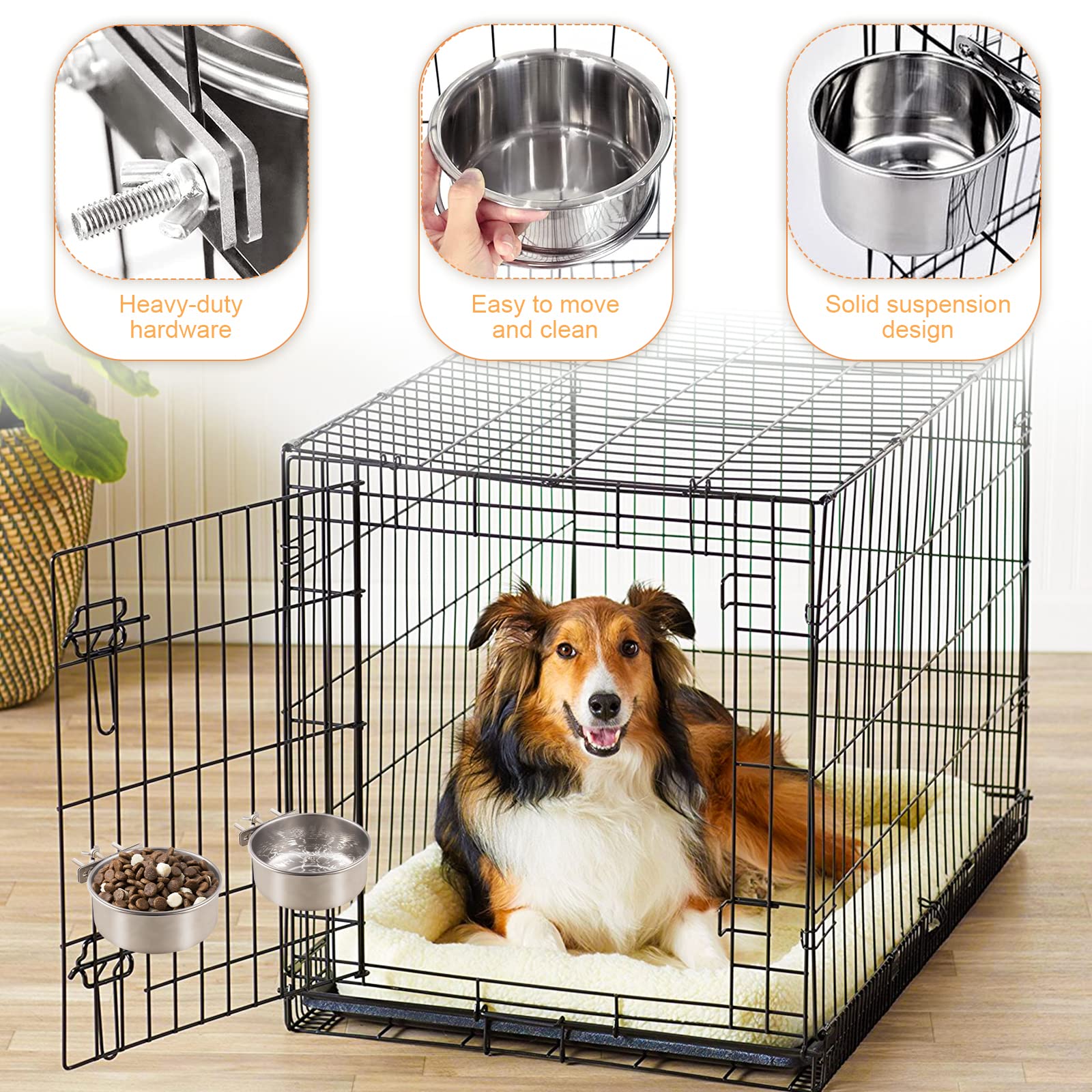Dog Crate Water Bowl, 2 Pack No Spill Hanging Cage Food Bowls for Kennel Puppy Cat Bird Bunny Stainless Steel Metal Mountable Sm
